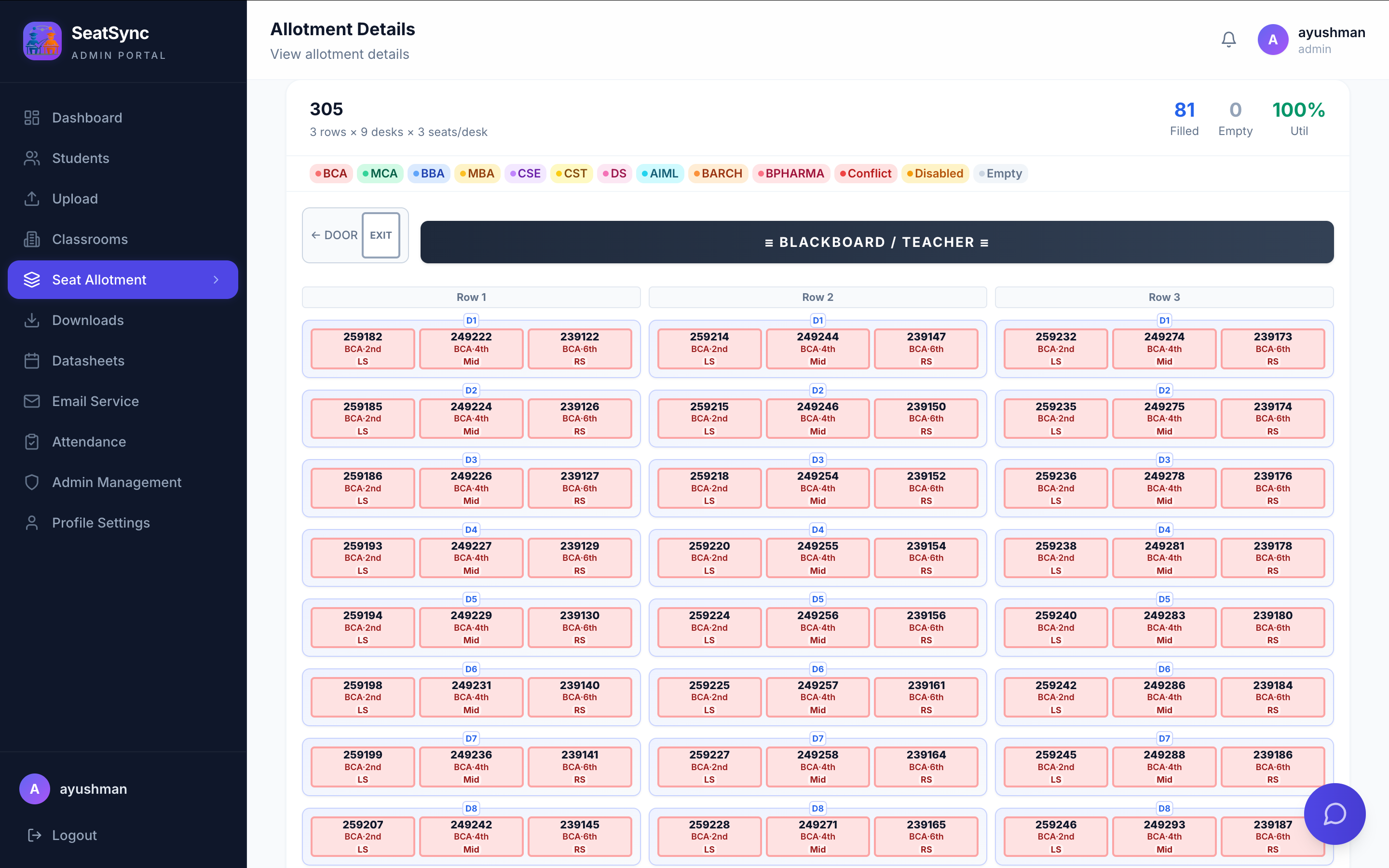 SeatSync live color-coded seating grid with anti-cheat allocation